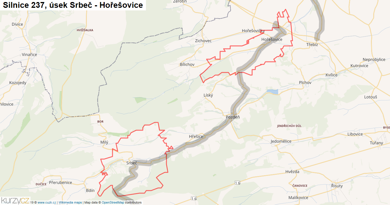 Úsek Srbeč - Hořešovice, Silnice 237 - Mapa