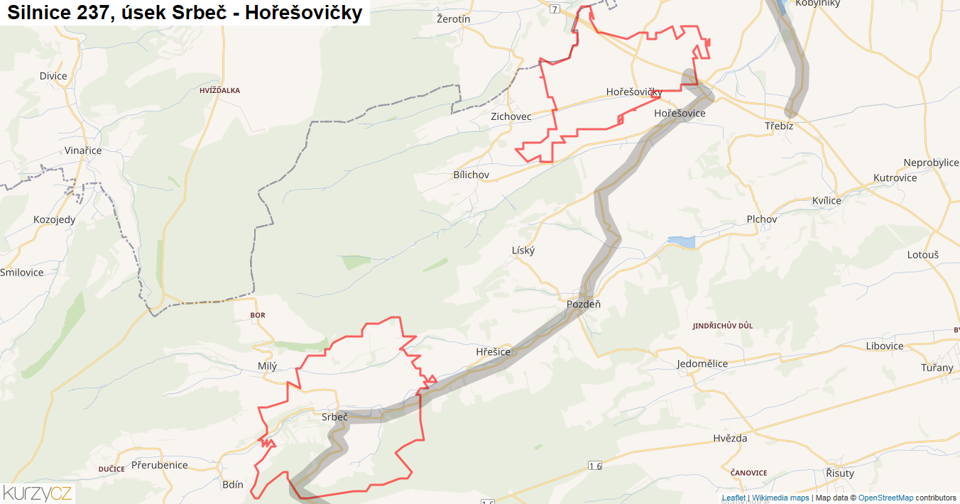 Úsek Srbeč - Hořešovičky, Silnice 237 - Mapa
