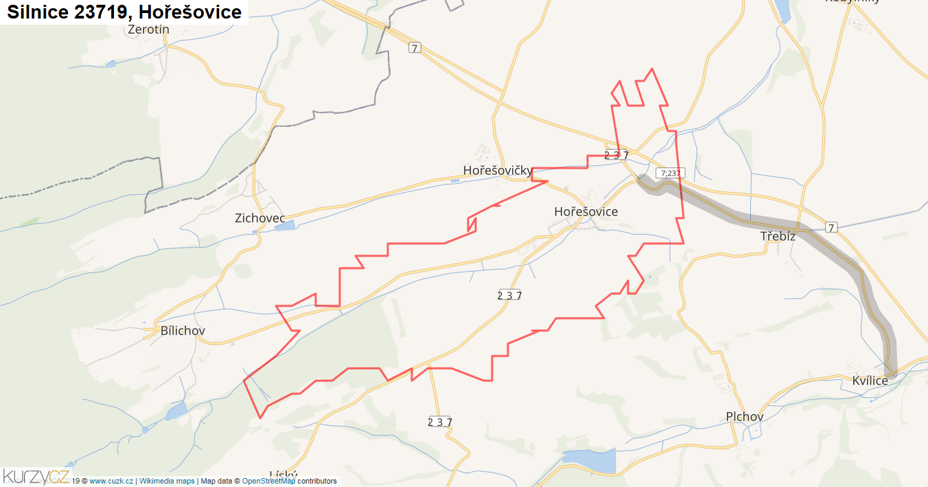 Hořešovice, Silnice 23719 - Mapa