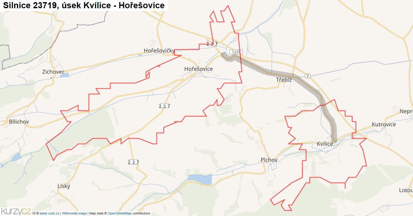 Úsek Kvílice - Hořešovice, Silnice 23719 - Mapa