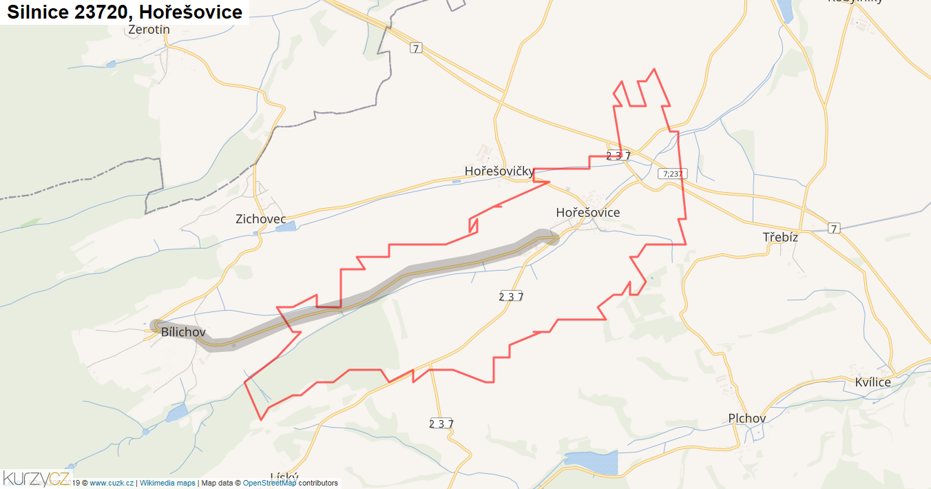 Hořešovice, Silnice 23720 - Mapa
