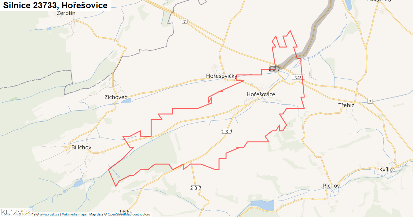 Hořešovice, Silnice 23733 - Mapa