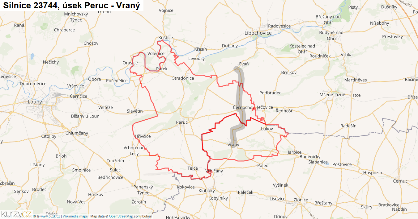 Úsek Peruc - Vraný, Silnice 23744 - Mapa