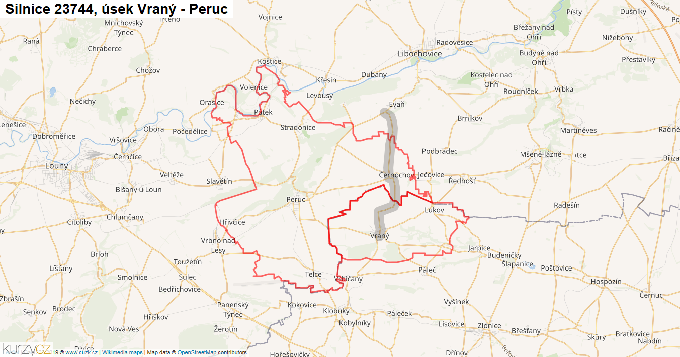 Úsek Vraný - Peruc, Silnice 23744 - Mapa