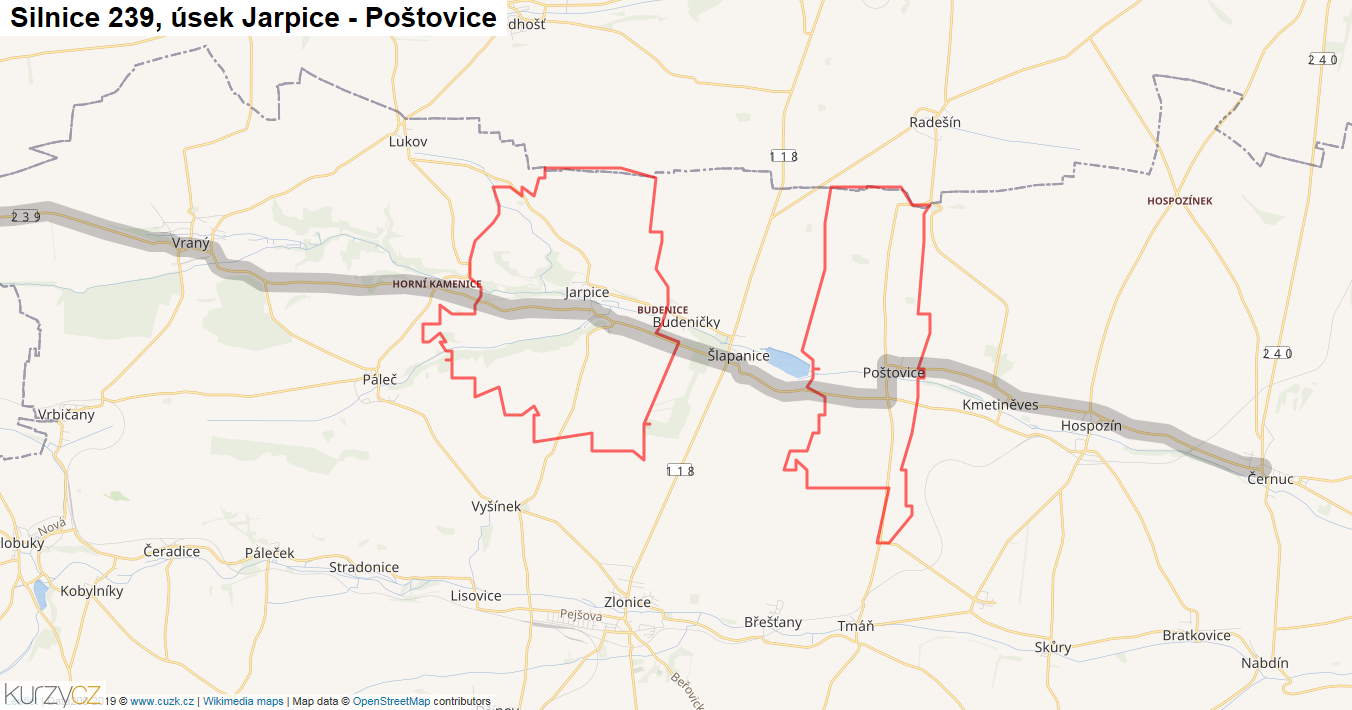 Úsek Jarpice - Poštovice, Silnice 239 - Mapa