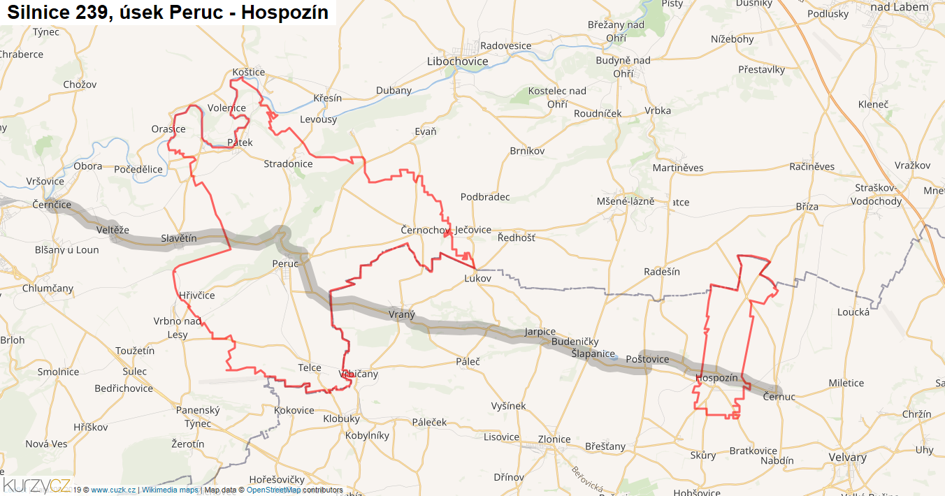 Úsek Peruc - Hospozín, Silnice 239 - Mapa