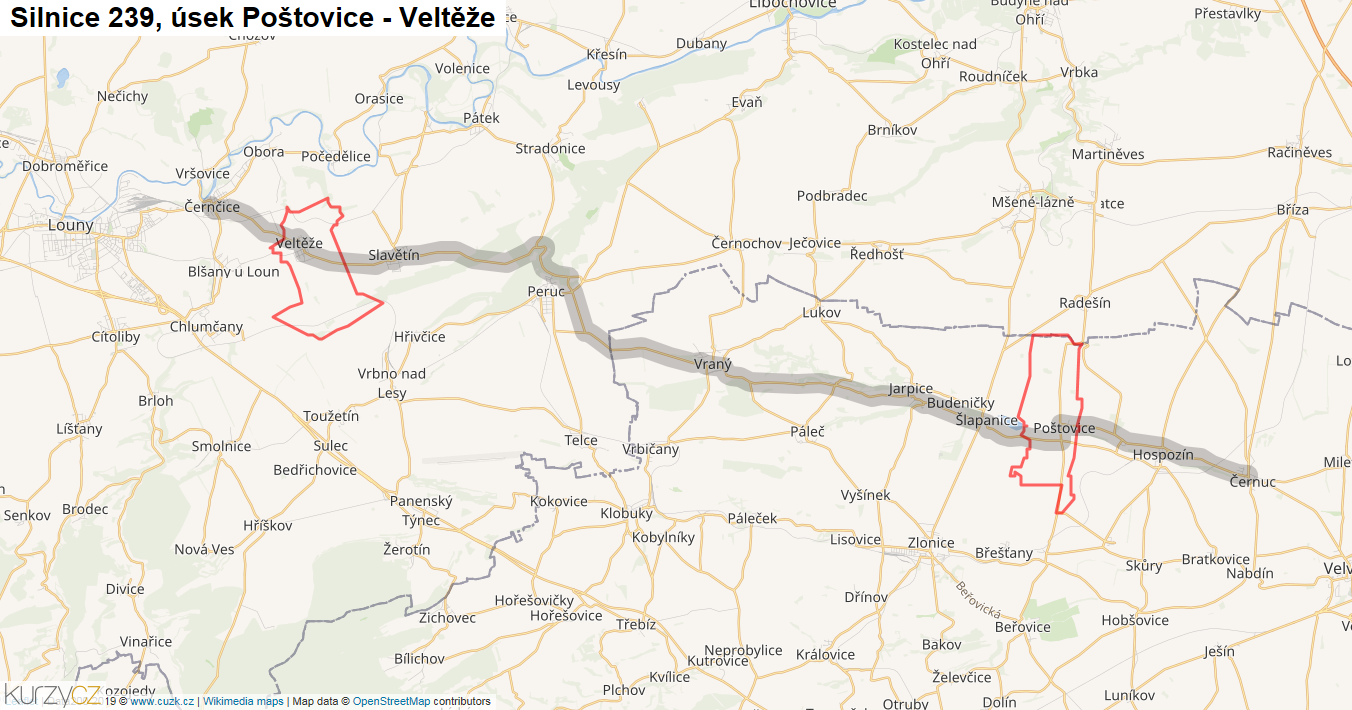 Úsek Poštovice - Veltěže, Silnice 239 - Mapa