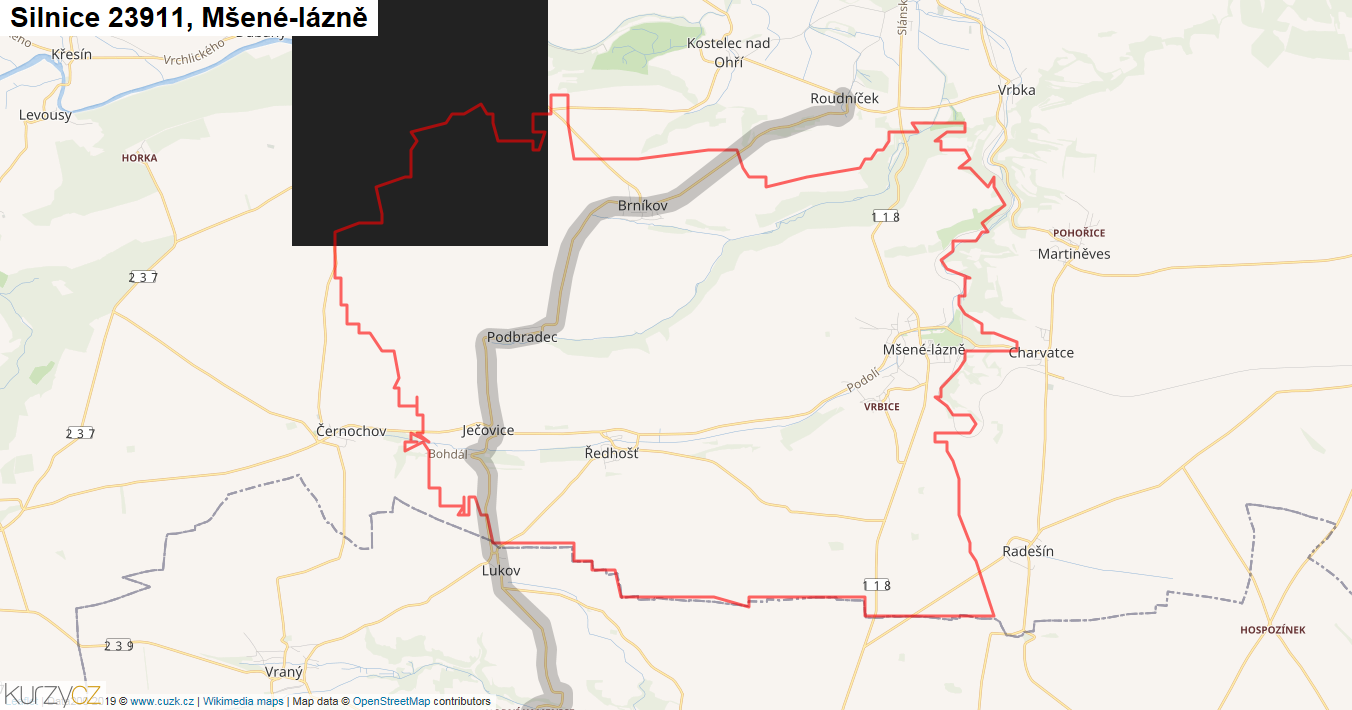 Mšené-lázně, Silnice 23911 - Mapa