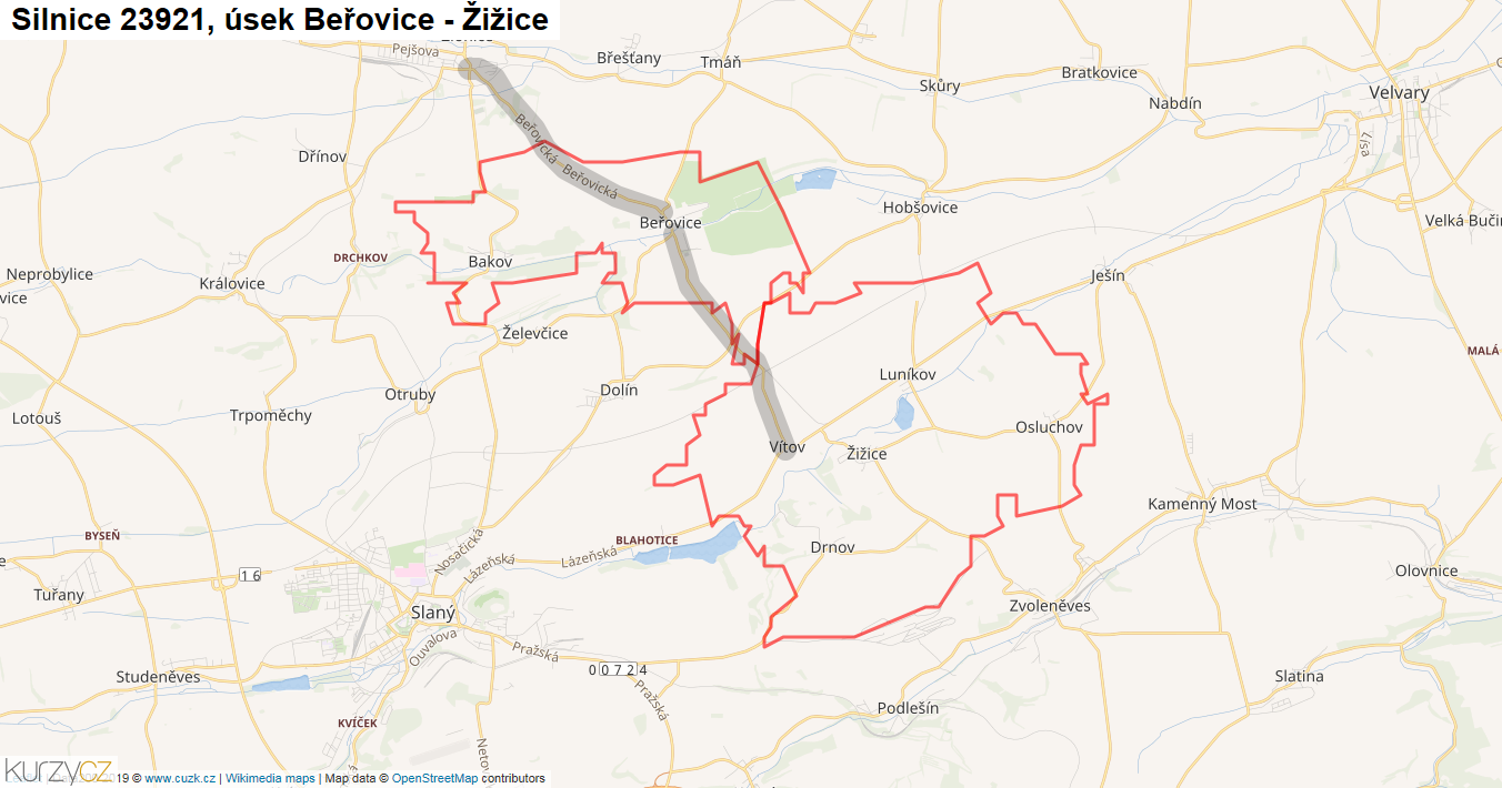 Úsek Beřovice - Žižice, Silnice 23921 - Mapa