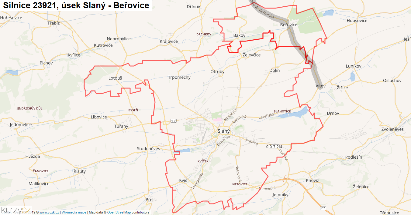 Úsek Slaný - Beřovice, Silnice 23921 - Mapa