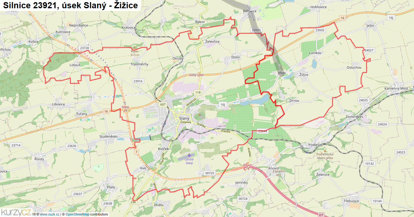 Úsek Slaný - Žižice, Silnice 23921 - Mapa
