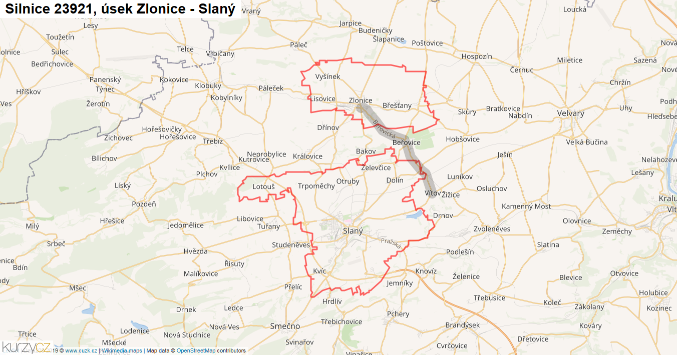 Úsek Zlonice - Slaný, Silnice 23921 - Mapa