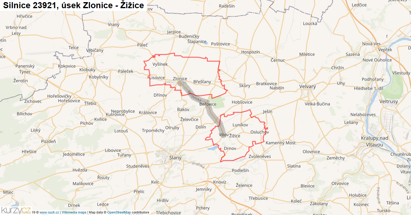 Úsek Zlonice - Žižice, Silnice 23921 - Mapa