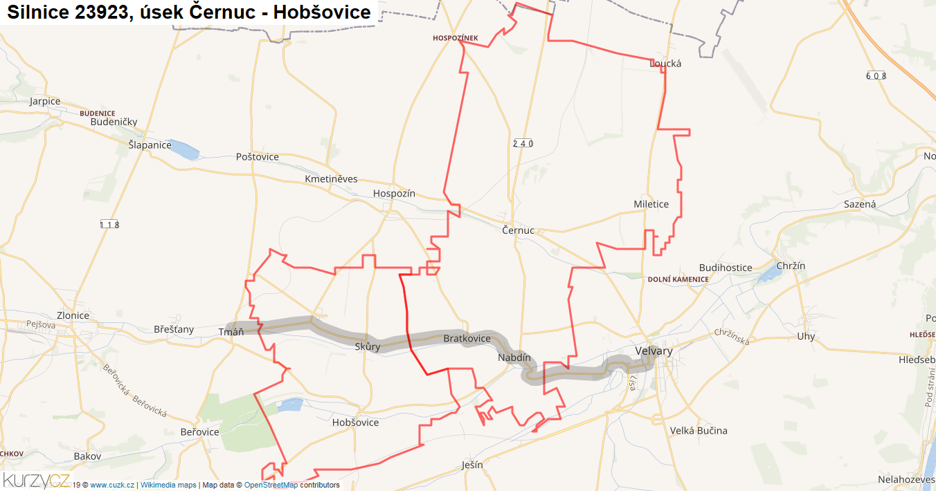 Úsek Černuc - Hobšovice, Silnice 23923 - Mapa