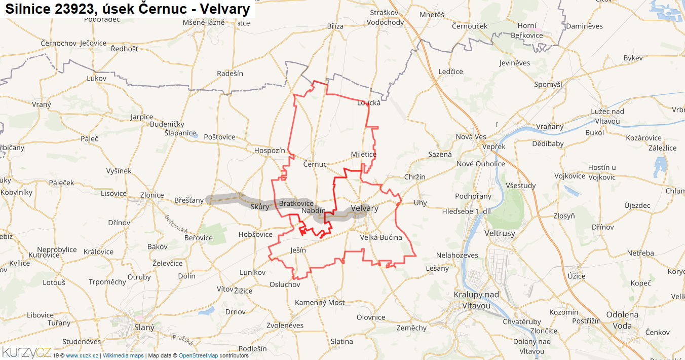 Úsek Černuc - Velvary, Silnice 23923 - Mapa