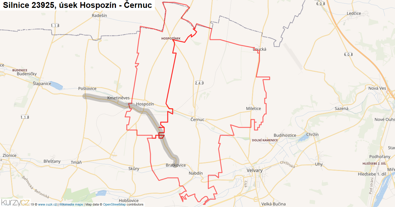 Úsek Hospozín - Černuc, Silnice 23925 - Mapa