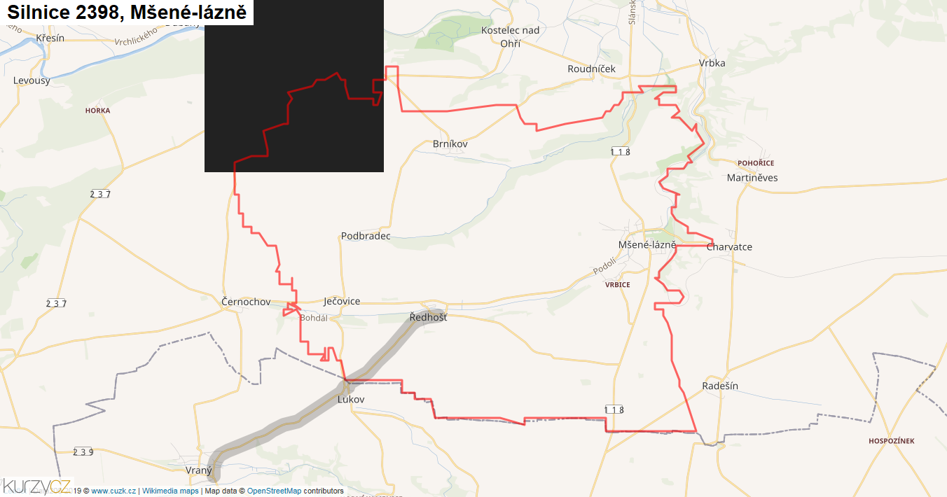 Mšené-lázně, Silnice 2398 - Mapa