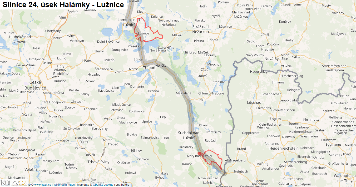 Úsek Halámky - Lužnice, Silnice 24 - Mapa