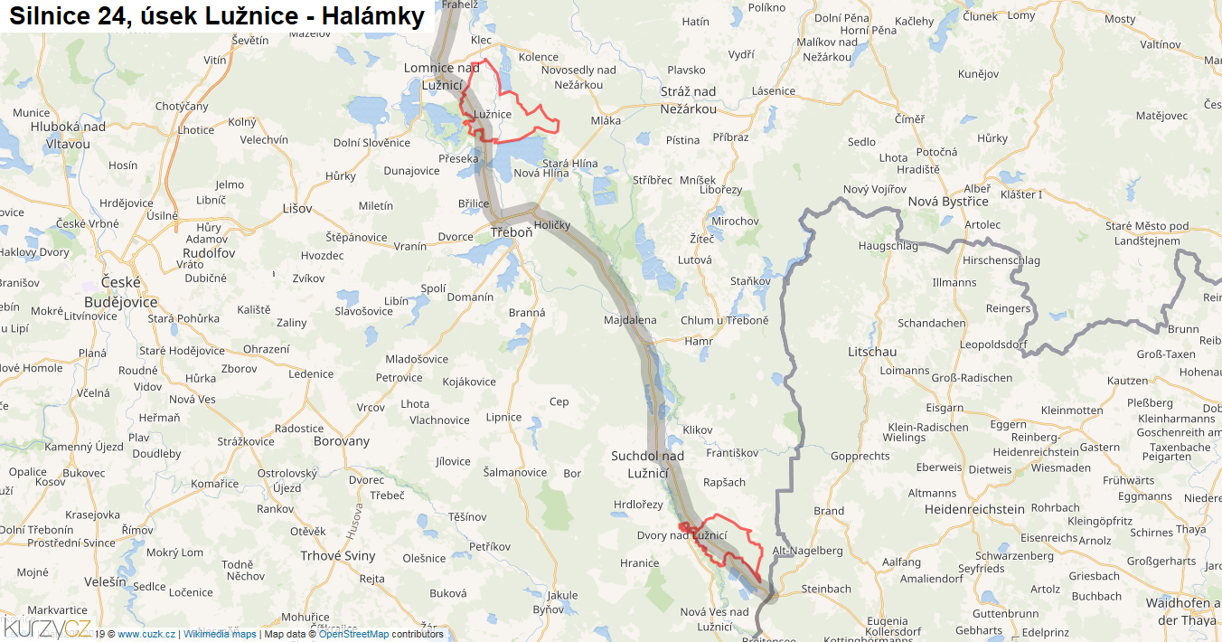 Úsek Lužnice - Halámky, Silnice 24 - Mapa