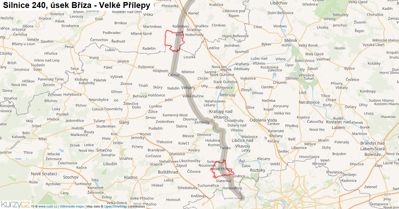 Úsek Bříza - Velké Přílepy, Silnice 240 - Mapa