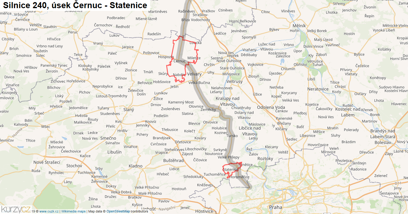 Úsek Černuc - Statenice, Silnice 240 - Mapa