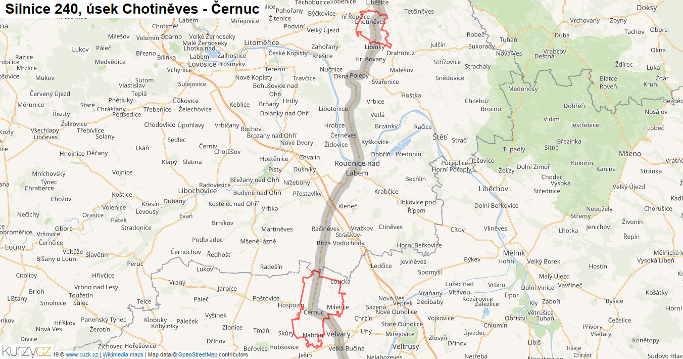Úsek Chotiněves - Černuc, Silnice 240 - Mapa