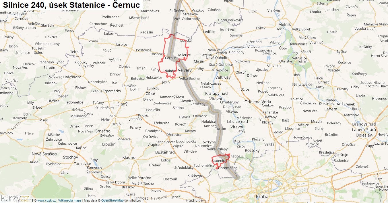 Úsek Statenice - Černuc, Silnice 240 - Mapa