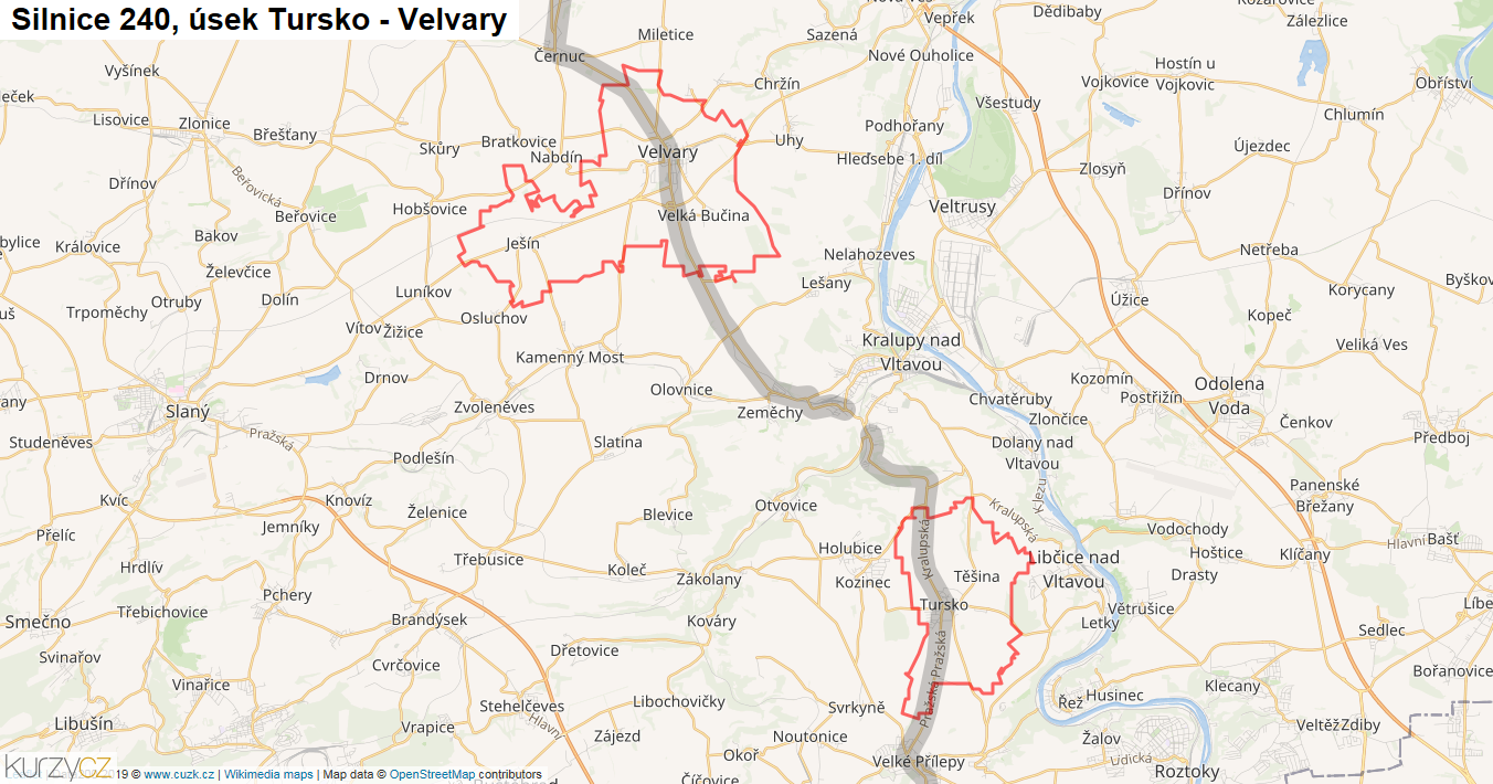 Úsek Tursko - Velvary, Silnice 240 - Mapa
