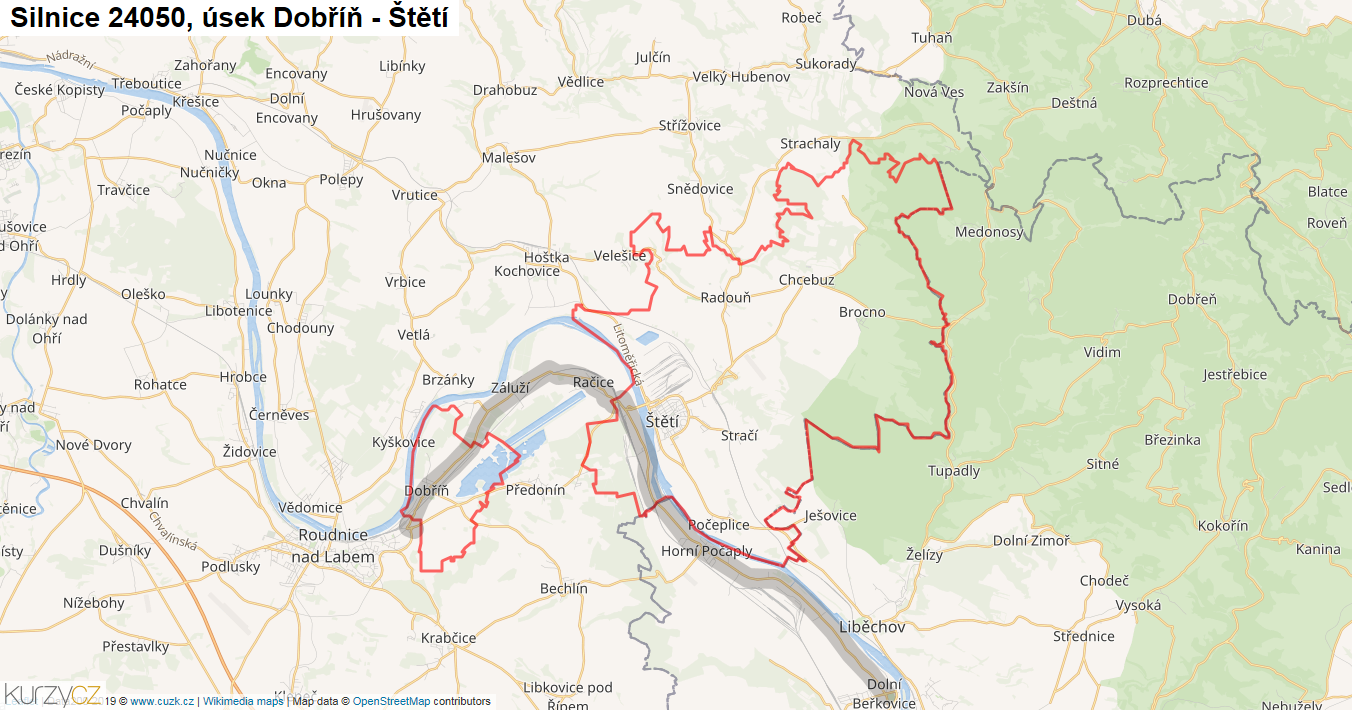 Úsek Dobříň - Štětí, Silnice 24050 - Mapa