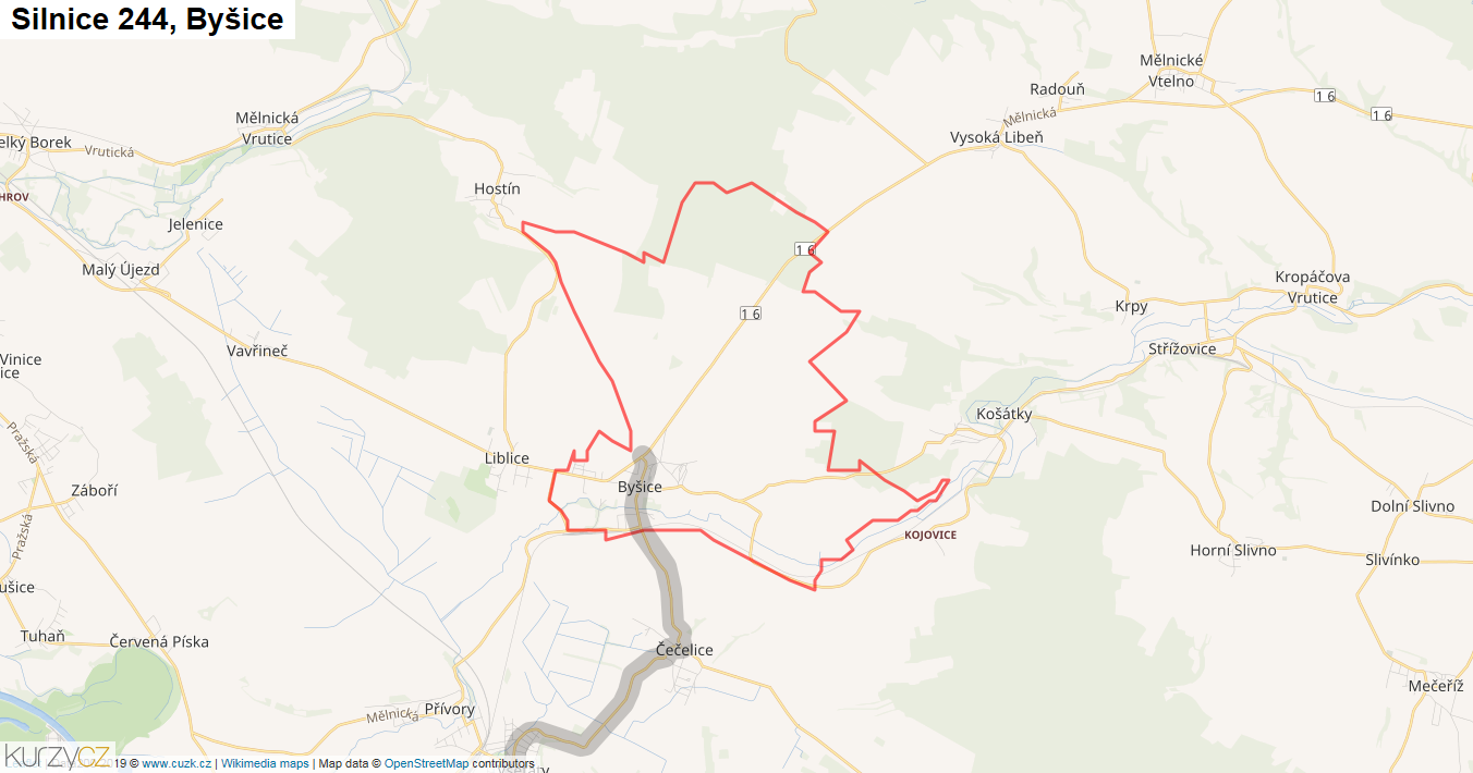 Byšice, Silnice 244 - Mapa