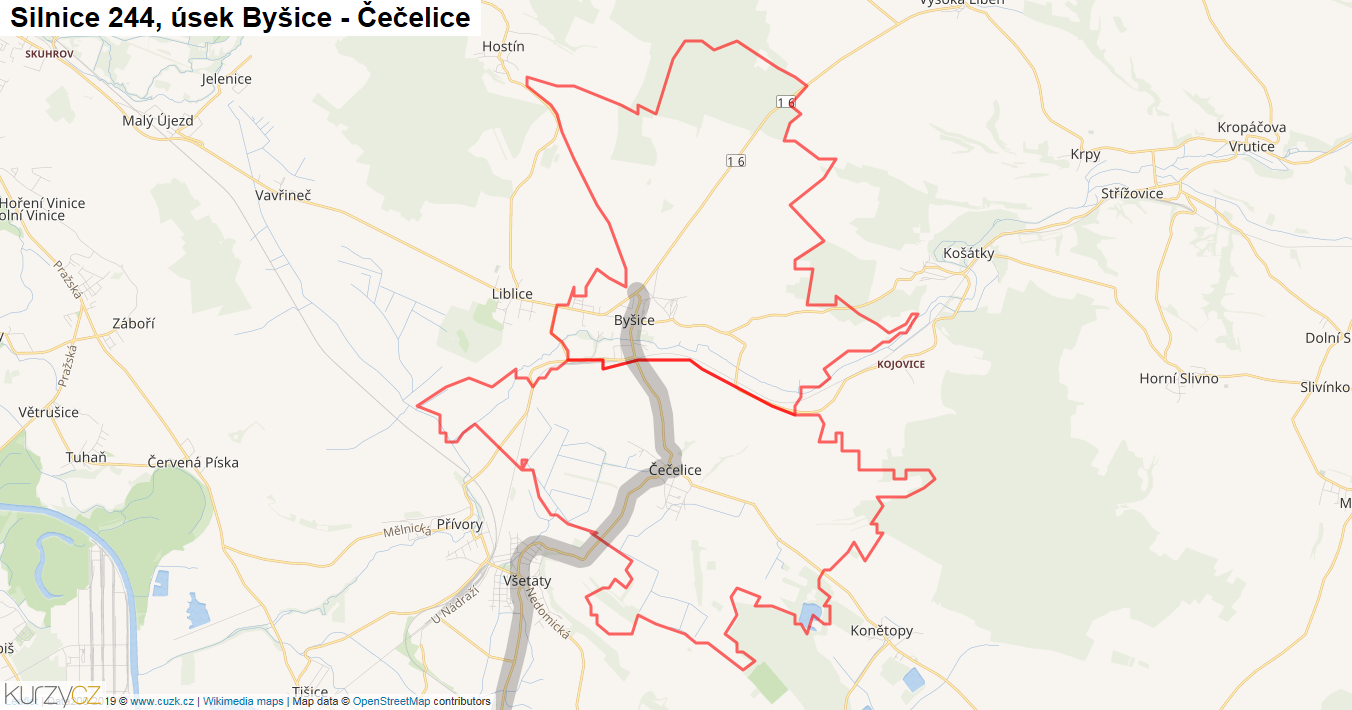 Úsek Byšice - Čečelice, Silnice 244 - Mapa