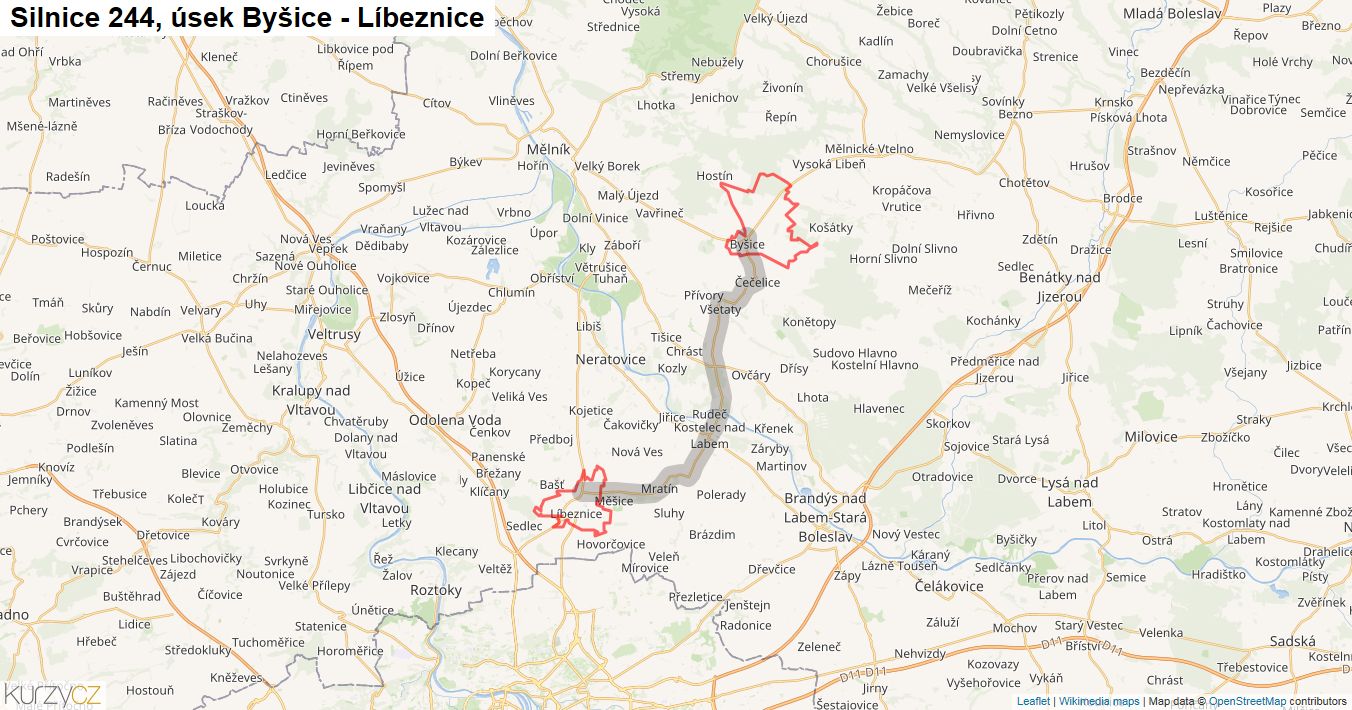 Úsek Byšice - Líbeznice, Silnice 244 - Mapa