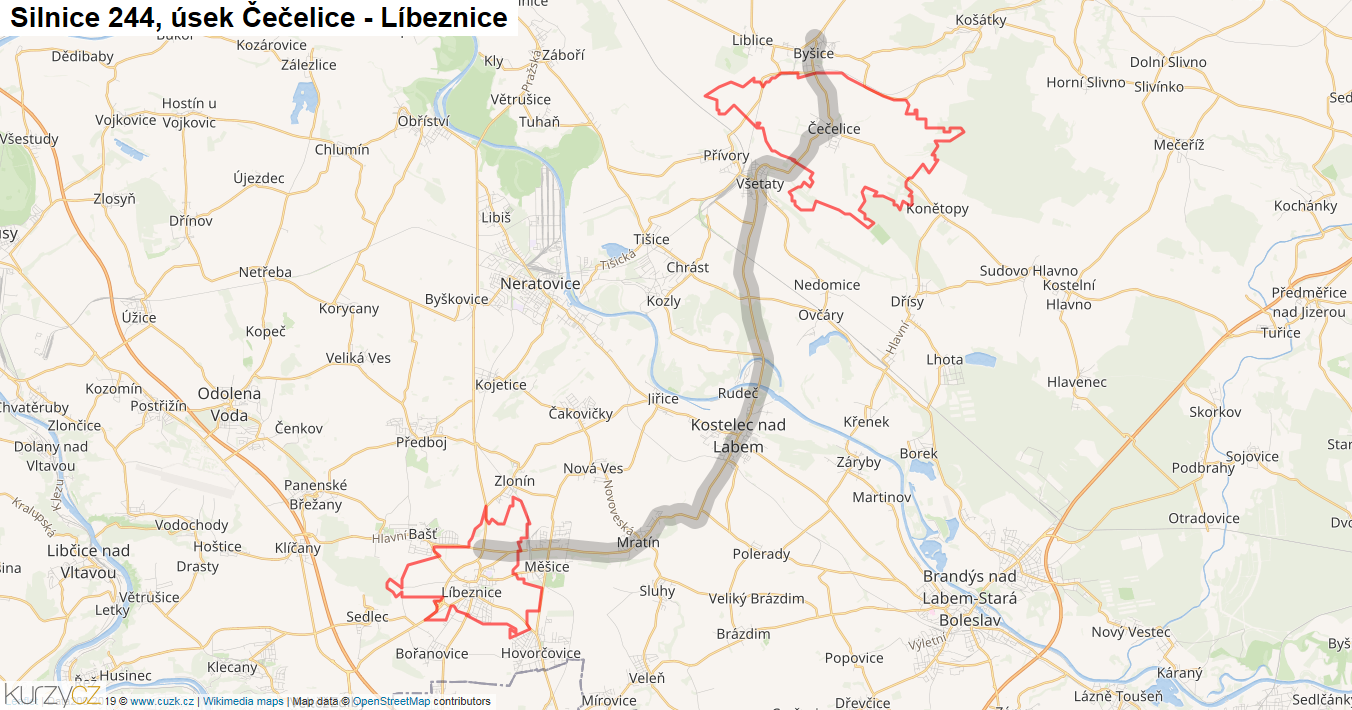 Úsek Čečelice - Líbeznice, Silnice 244 - Mapa
