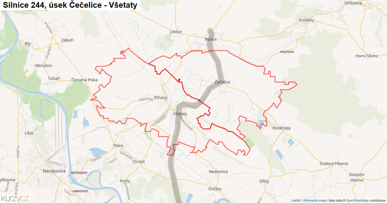 Úsek Čečelice - Všetaty, Silnice 244 - Mapa