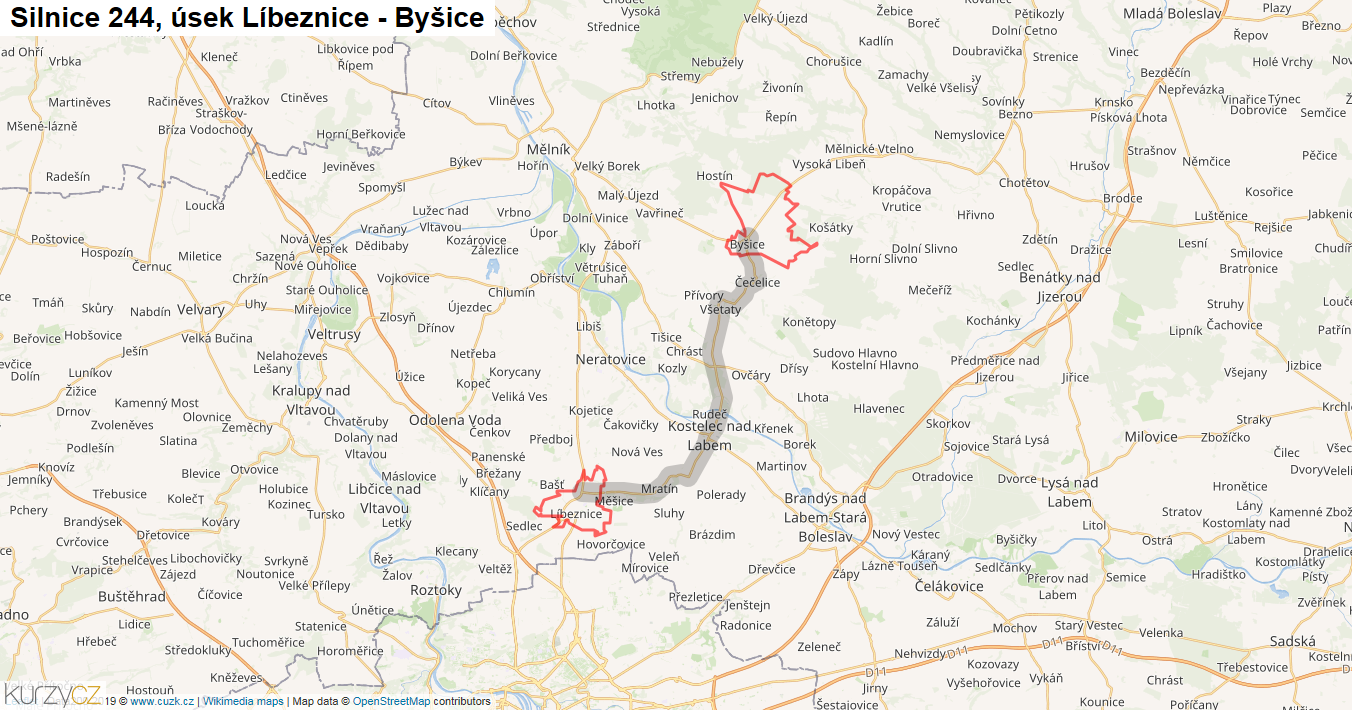 Úsek Líbeznice - Byšice, Silnice 244 - Mapa