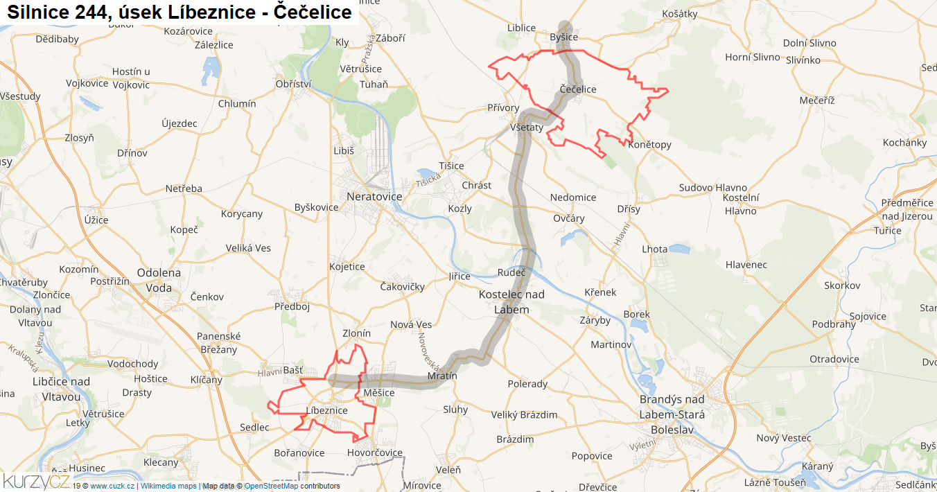 Úsek Líbeznice - Čečelice, Silnice 244 - Mapa