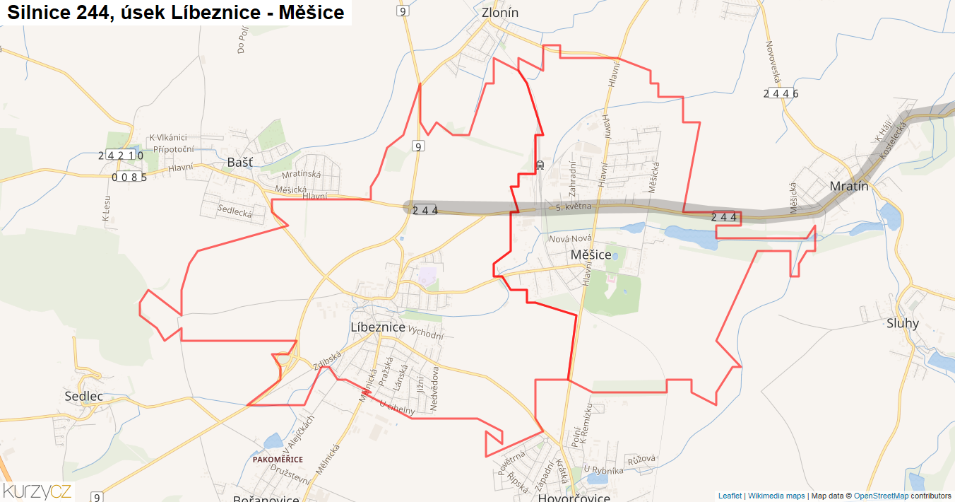 Úsek Líbeznice - Měšice, Silnice 244 - Mapa