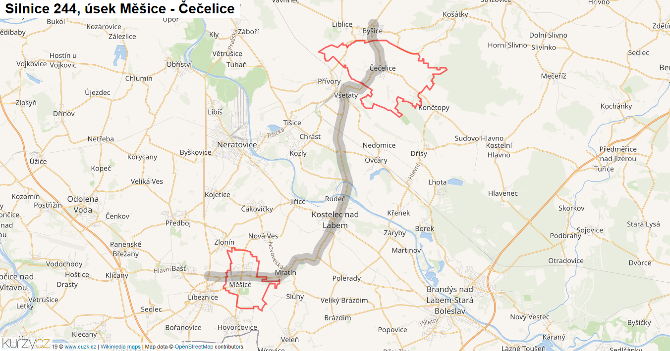 Úsek Měšice - Čečelice, Silnice 244 - Mapa