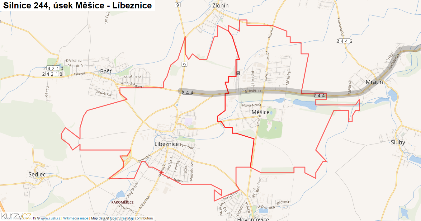 Úsek Měšice - Líbeznice, Silnice 244 - Mapa