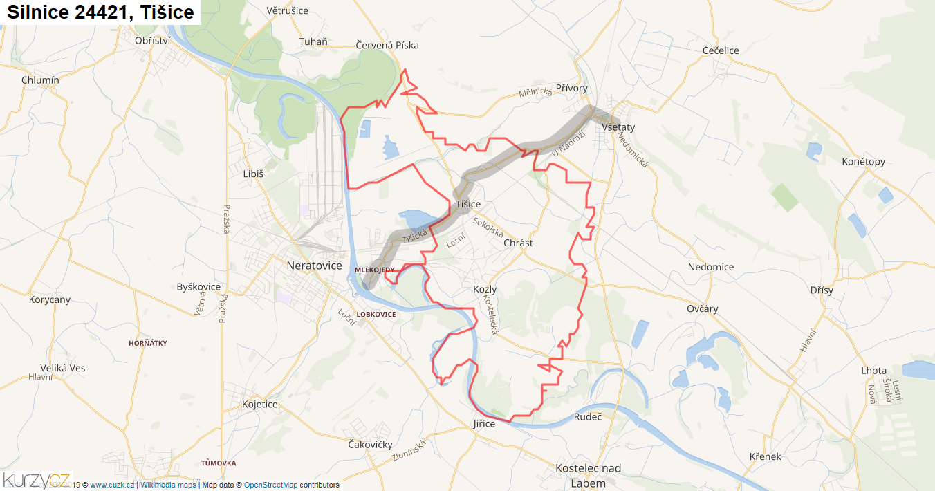Tišice, Silnice 24421 - Mapa