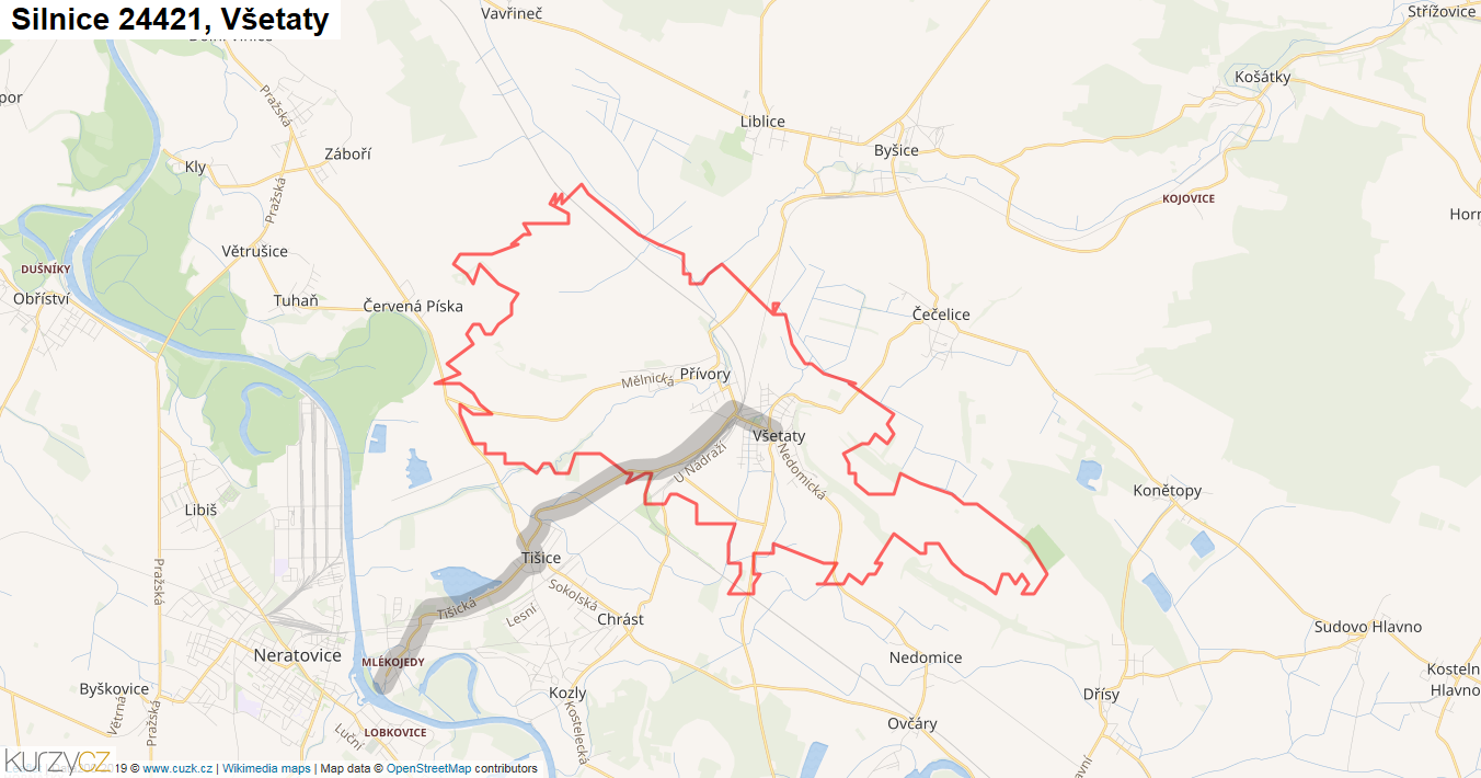 Všetaty, Silnice 24421 - Mapa