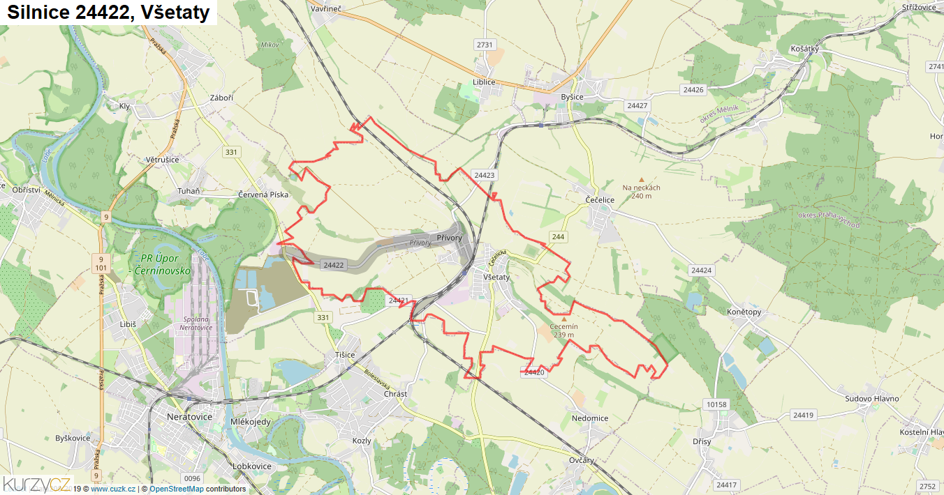 Všetaty, Silnice 24422 - Mapa