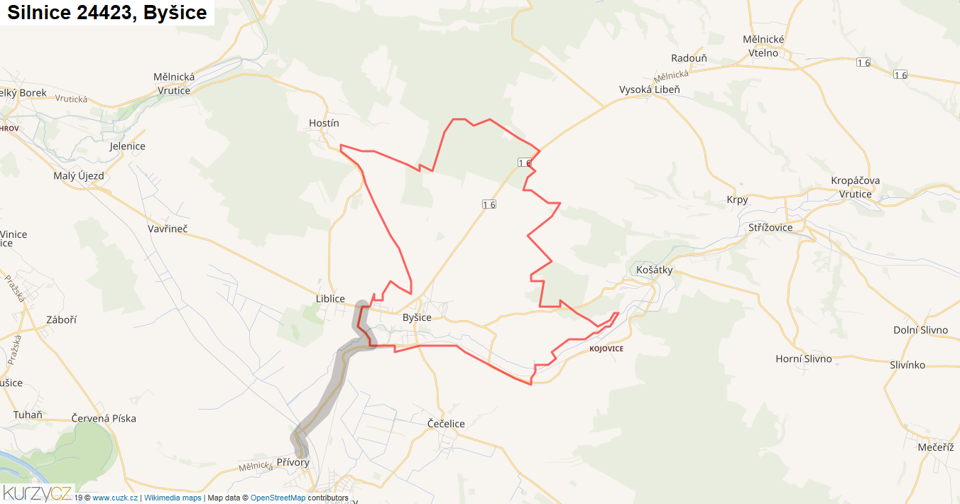Byšice, Silnice 24423 - Mapa