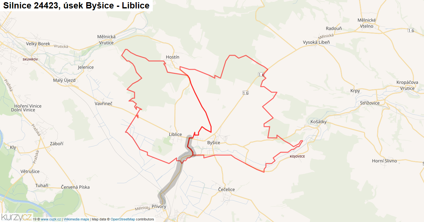 Úsek Byšice - Liblice, Silnice 24423 - Mapa