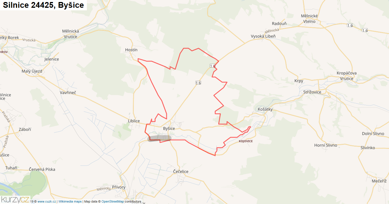 Byšice, Silnice 24425 - Mapa
