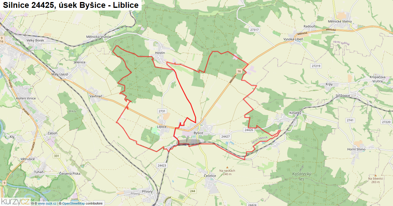 Úsek Byšice - Liblice, Silnice 24425 - Mapa
