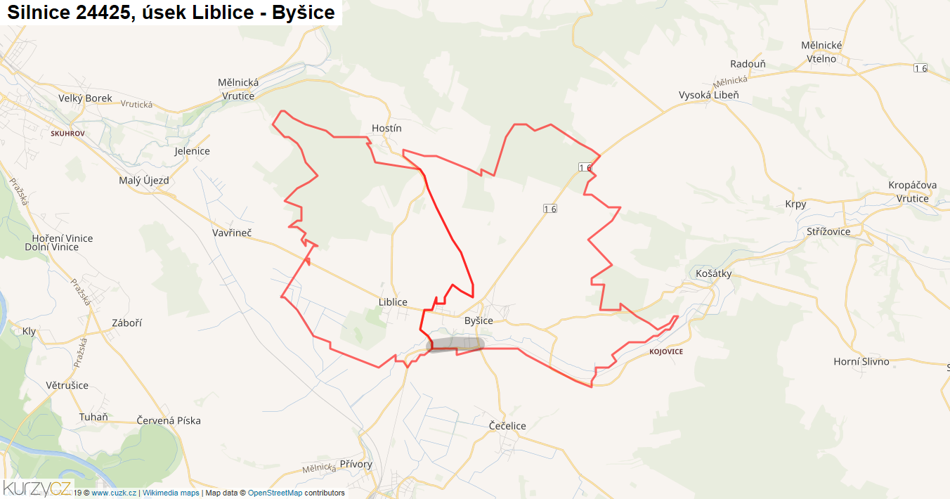 Úsek Liblice - Byšice, Silnice 24425 - Mapa