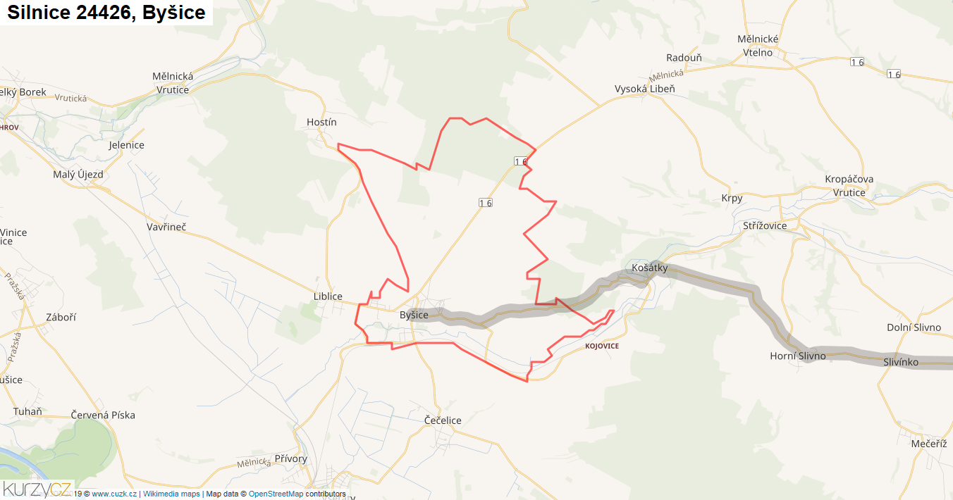 Byšice, Silnice 24426 - Mapa