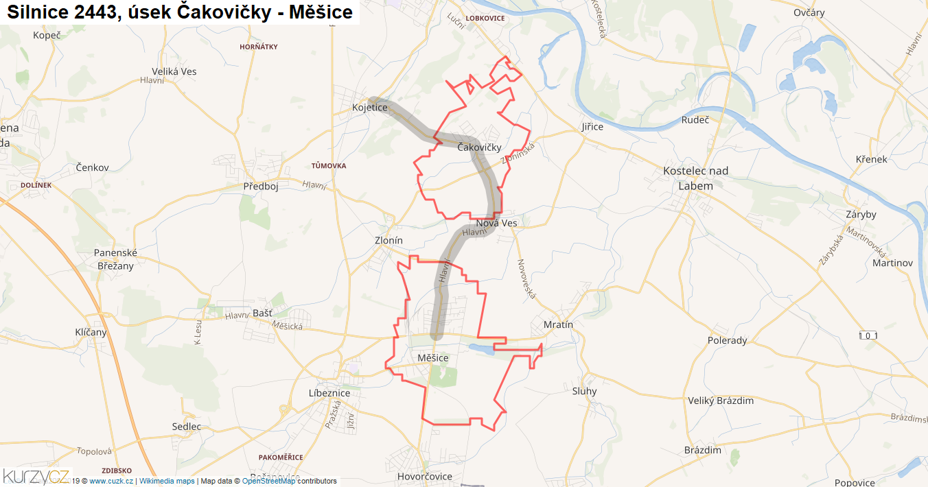 Úsek Čakovičky - Měšice, Silnice 2443 - Mapa