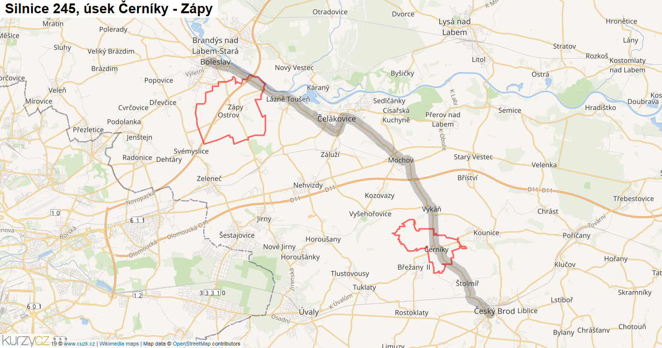 Úsek Černíky - Zápy, Silnice 245 - Mapa